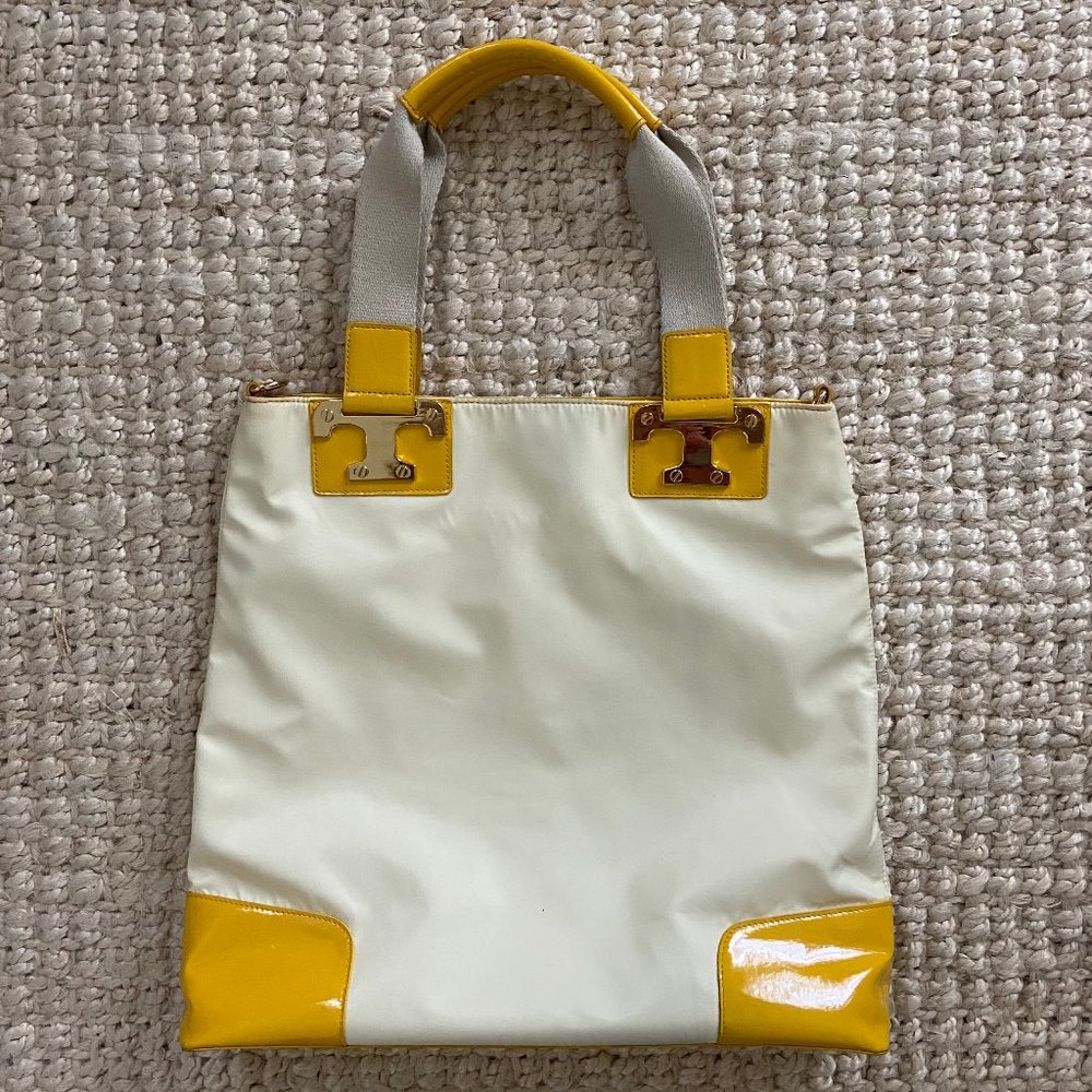 CLOSET CLOSING Tory Burch Yellow Patent Leather and Nylon Tote with Gold T Logo